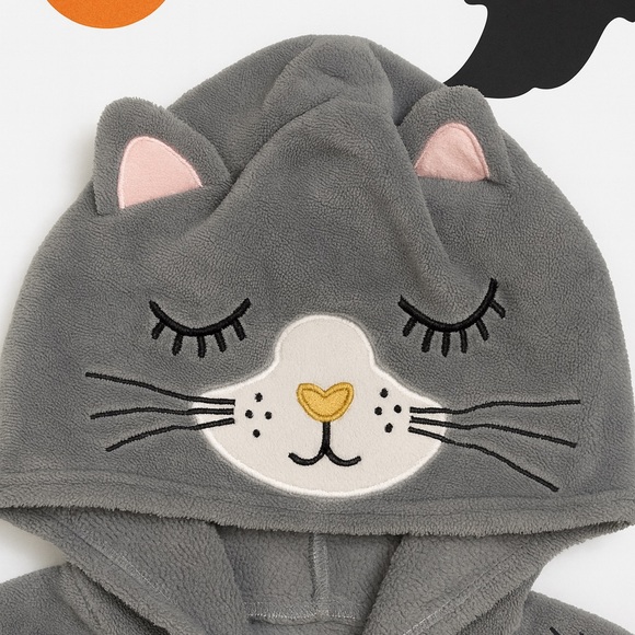 PJ Couture Gray Cat Hooded Pajama Suit M Fleece Pink Trim - Picture 3 of 6